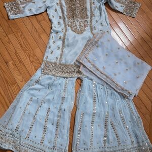 Embellished Light Blue Indian Kurta with Gold Threadwork Indian Sharara Set